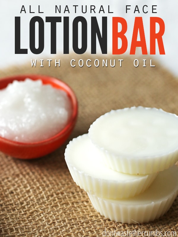 Coconut Oil for Skin: 3 Face Lotion Bars and red bowl full of coconut oil on burlap