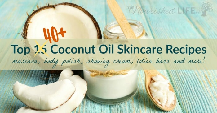 Top 41 Coconut Oil Skin Recipes: blue table with sliced open coconut, jar with coconut oil, and wooden spoon