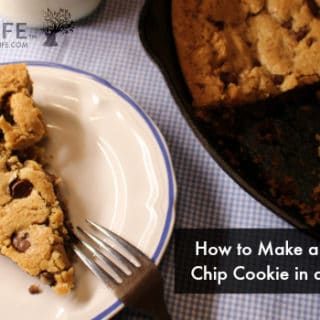 A yummy chocolate chip cookie slice from a giant cookie in a cast iron pan