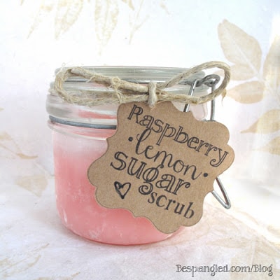 DIY Raspberry Lemon Sugar Scrub in etched glass jars with cardboard labels