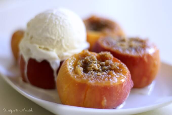 Healthy Instant Pot Recipes: stuffed peaches with ice cream on white plate
