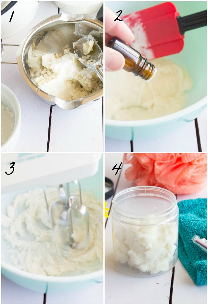 collage of steps to make DIY shaving cream