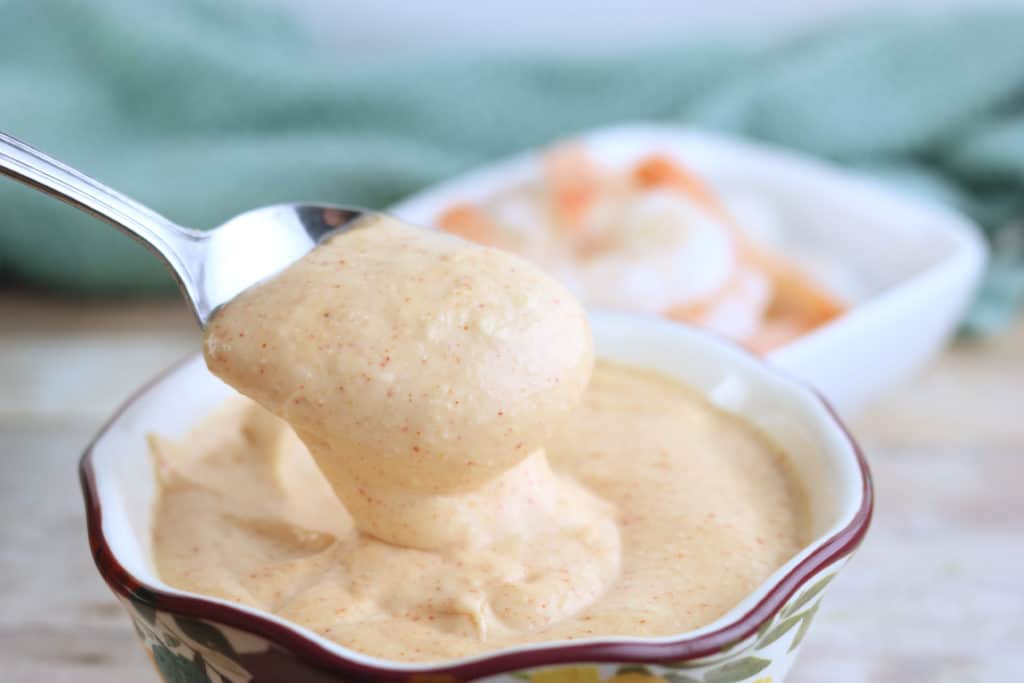 Easy Yum Yum Sauce Recipe in bowl with a spoon with shrimp