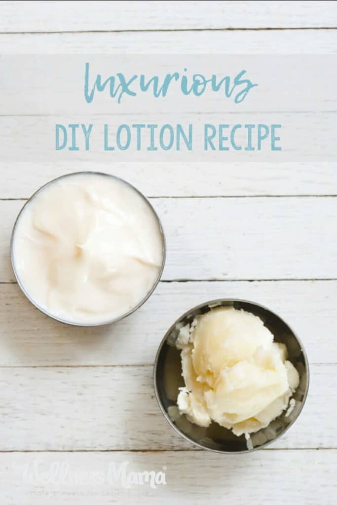 Two bowls of DIY lotion on a white wood table